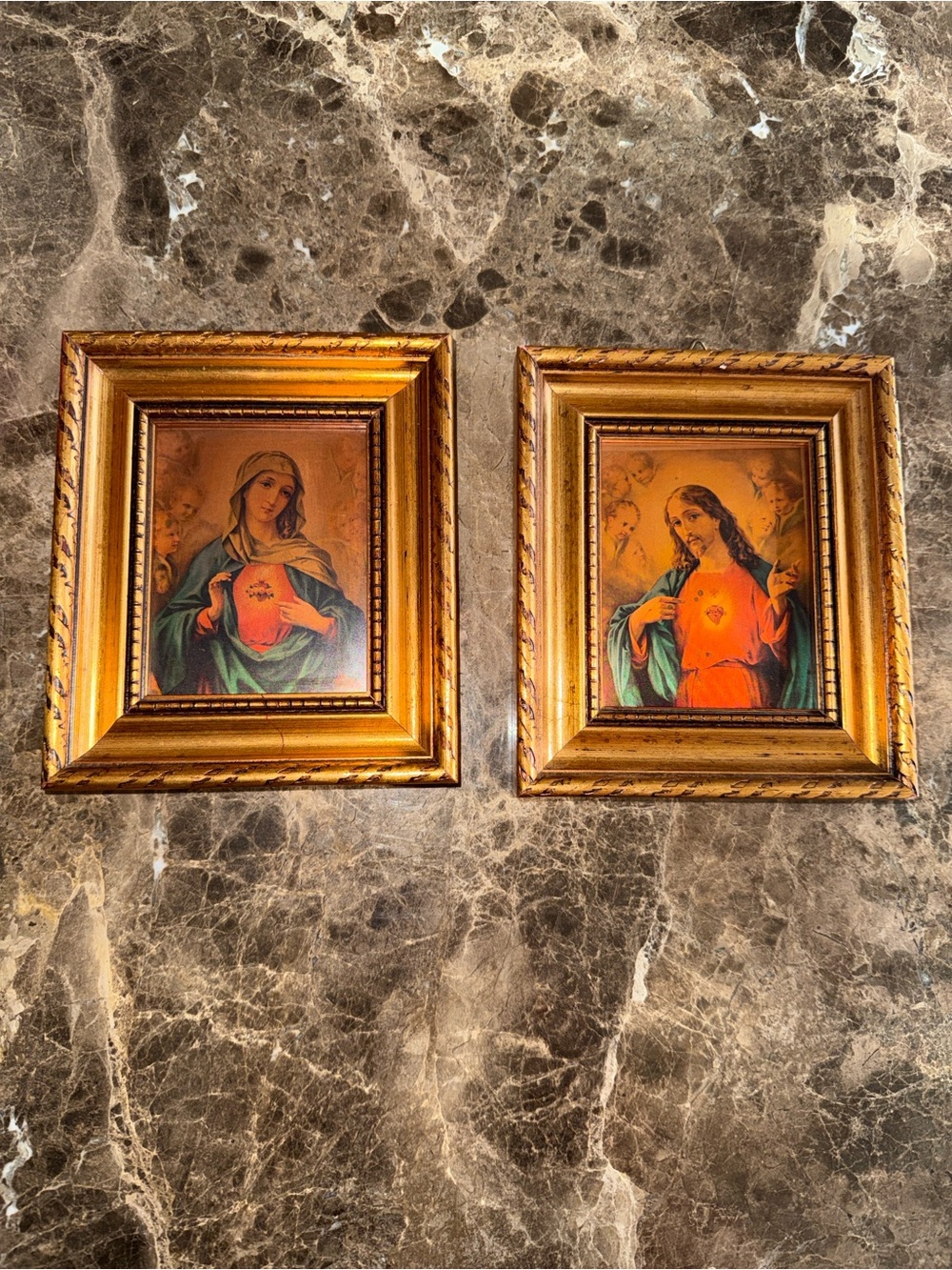 Florentine, Made in Italy Religious Sacred Heart Pair Gold Frames Jesus & Mary